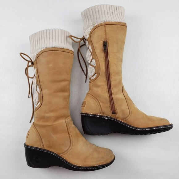 UGG Shoes - Ugg Skylair Knit Wedge Tall Boot Womens 9 Brown Leather Lace Up Side Zip Lined